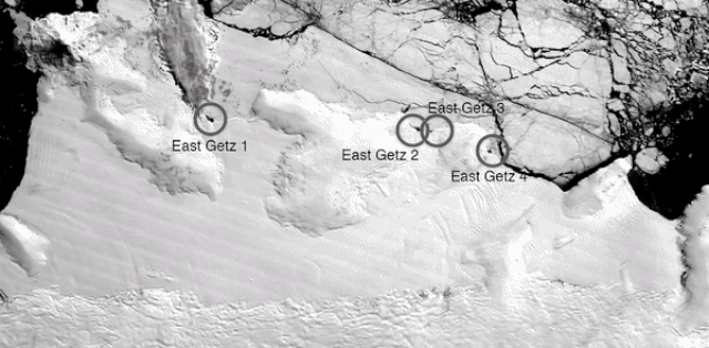 A time-lapse animation shows the edges of Antarctica's East Getz Ice Shelf fracturing along the same lines year after year.