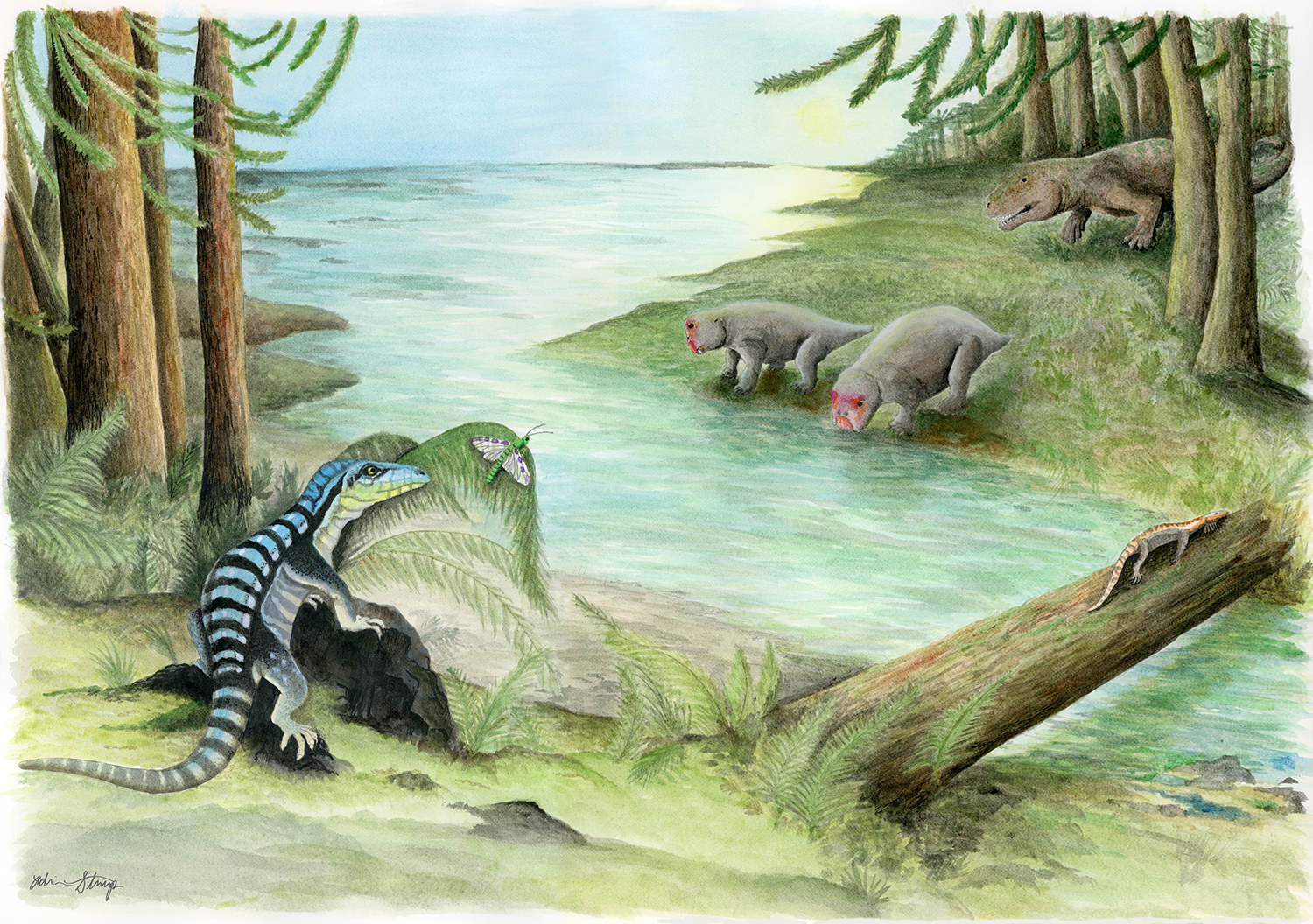 Antarctanax shackletoni stalks an insect on the bank of a river in Antarctica, during the Early Triassic.