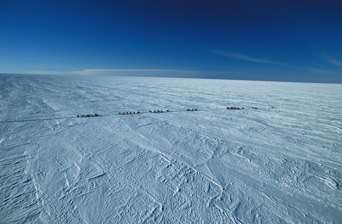 Researchers on their way to Dome C near the Concordia station on the Antarctic Plateau in Antarctica.