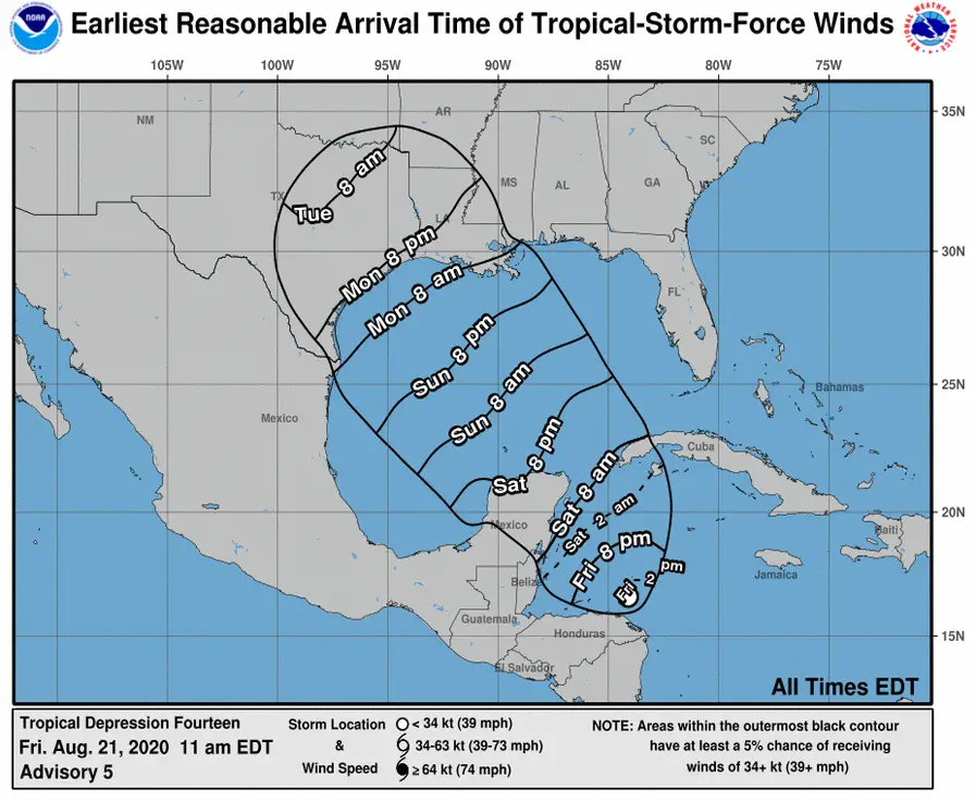 Une image offre des prédictions approximatives du moment où Marco pourrait apporter ses premiers vents de force tempête tropicale dans chaque région.