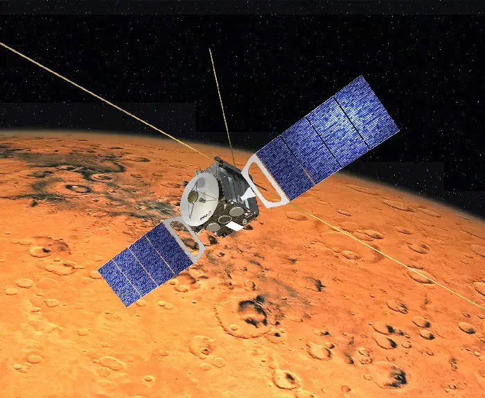 Représentation d'artiste du vaisseau spatial Mars Express en orbite autour de Mars.