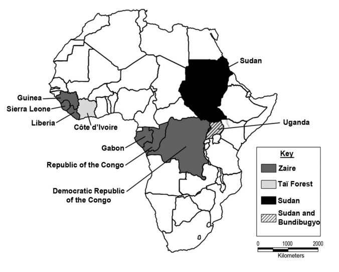 Pays africains où la transmission endémique du virus Ebola a été constatée.