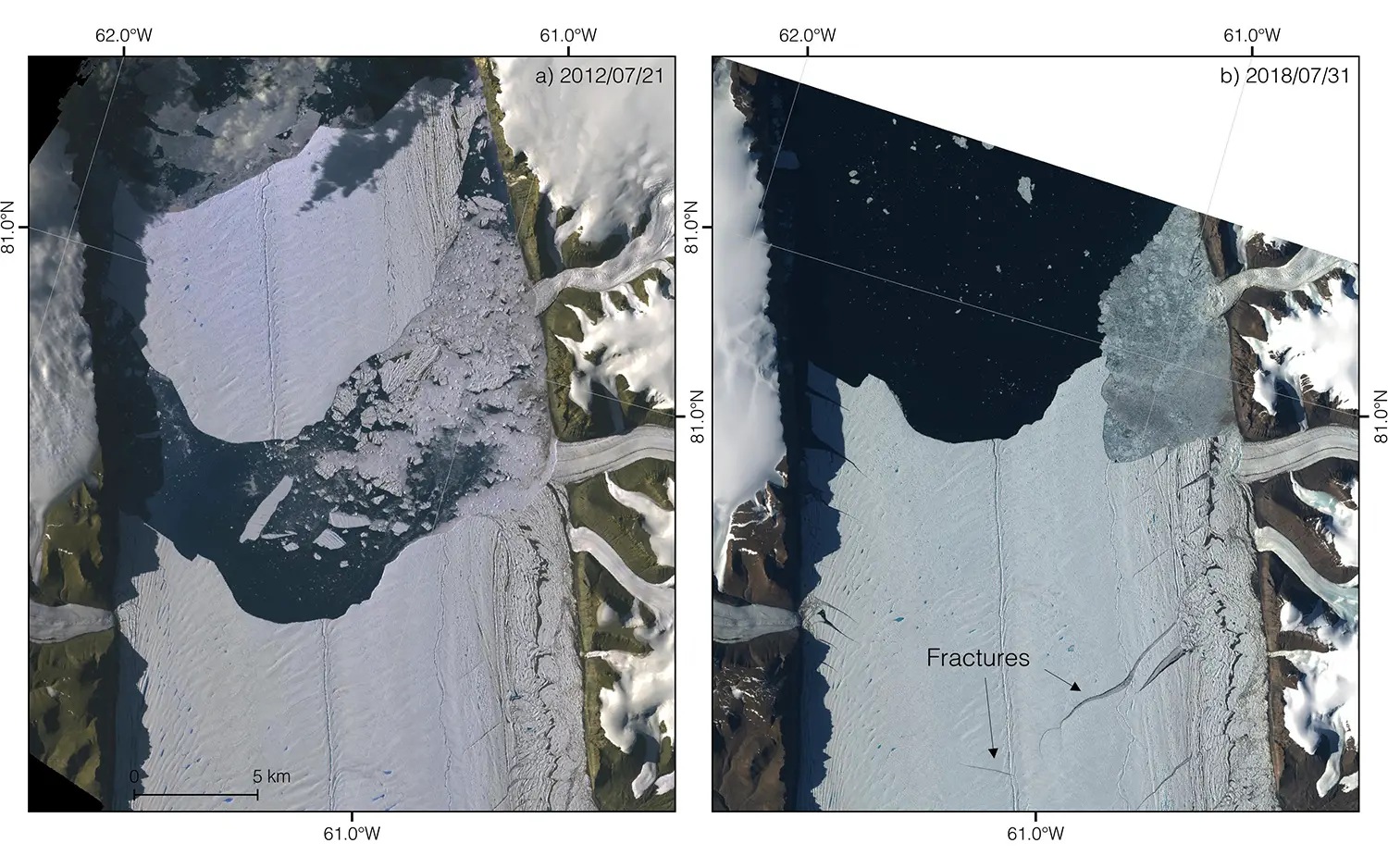 À gauche : l'image satellite ASTER du glacier Petermann de 2012 montre l'événement de vêlage. Droite : Image Sentinel-2 prise le 31 juillet 2018, révélant de nouvelles fractures en développement.