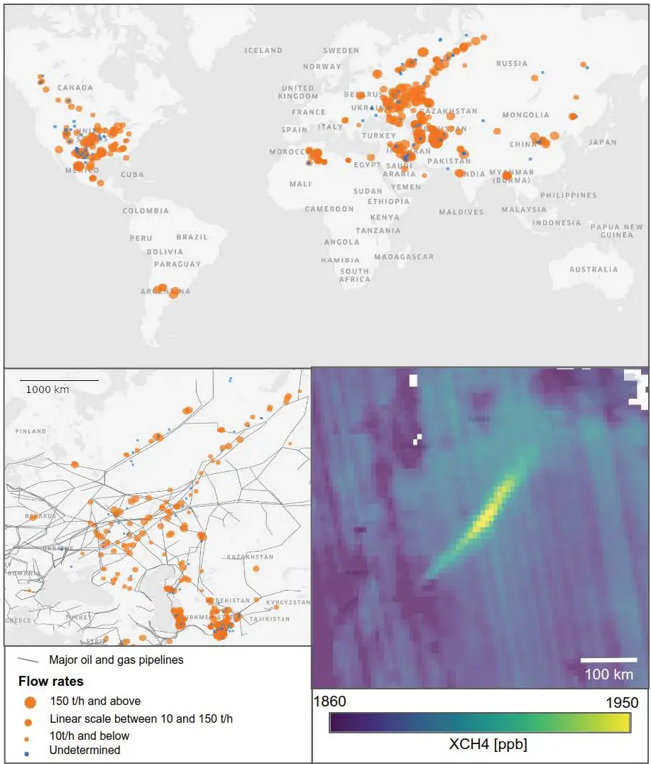 Une carte globale des 1 200 panaches de méthane de pétrole et de gaz détectés au cours de l'étude ; gazoducs au-dessus de la Russie et de l'Asie centrale ; un exemple de panache détecté au-dessus de l'Afrique du Nord.