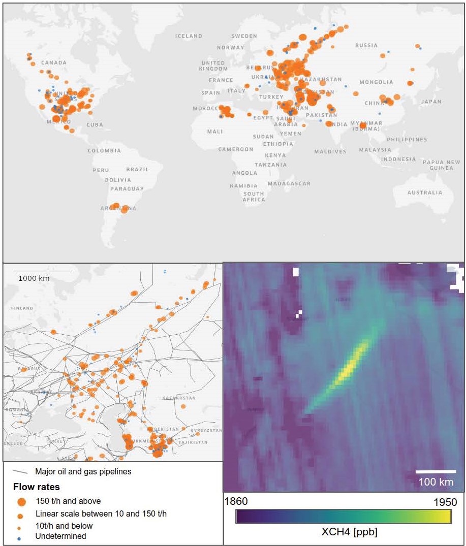 Une carte globale des 1 200 panaches de méthane de pétrole et de gaz détectés au cours de l'étude ; gazoducs au-dessus de la Russie et de l'Asie centrale ; un exemple de panache détecté au-dessus de l'Afrique du Nord.