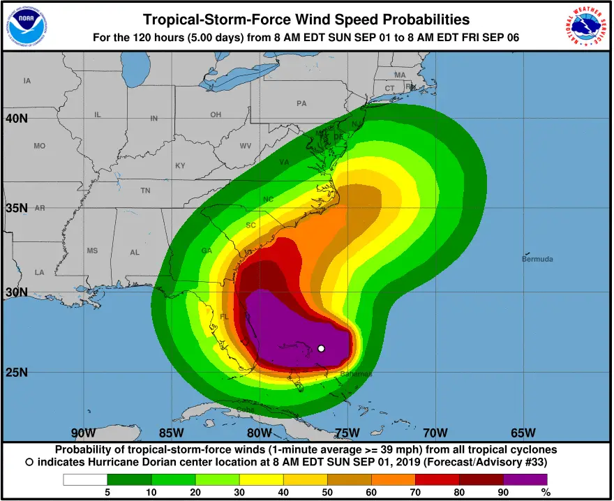 Une carte de probabilité de vitesse du vent du matin même du premier tweet de Trump en Alabama montre une probabilité de 5% à 10% de vents de force tempête tropicale dans le coin sud-est de l'Alabama.