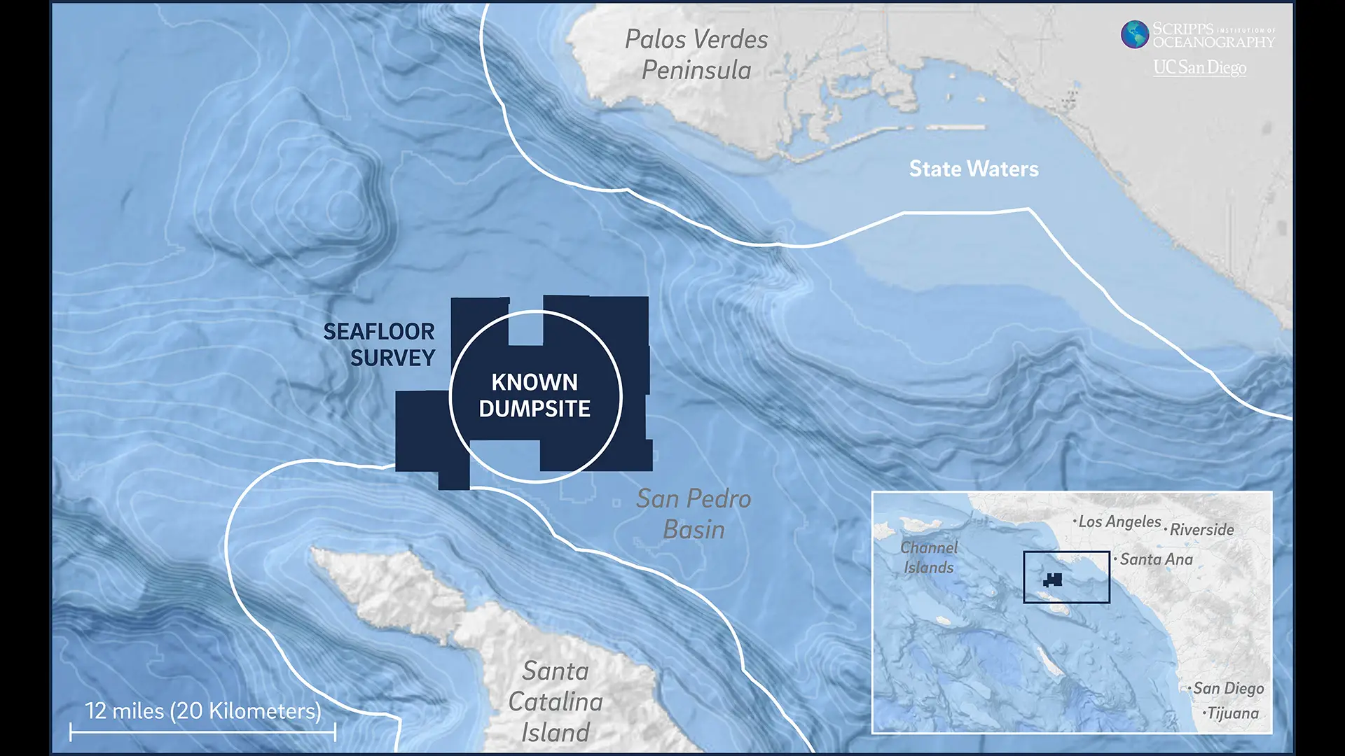 L'étude du fond marin a couvert 36 000 acres dans le bassin de San Pedro. La décharge connue se trouve à environ 12 miles au large de Palos Verdes et à 13 miles de l'île de Santa Catalina.