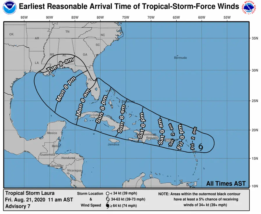 Une image offre des prédictions approximatives du moment où Laura pourrait apporter ses premiers vents de force tempête tropicale dans chaque région.