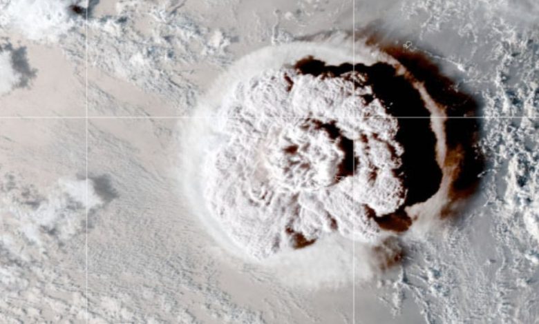 huge plumes from the hunga volcanic eruption as seen from above