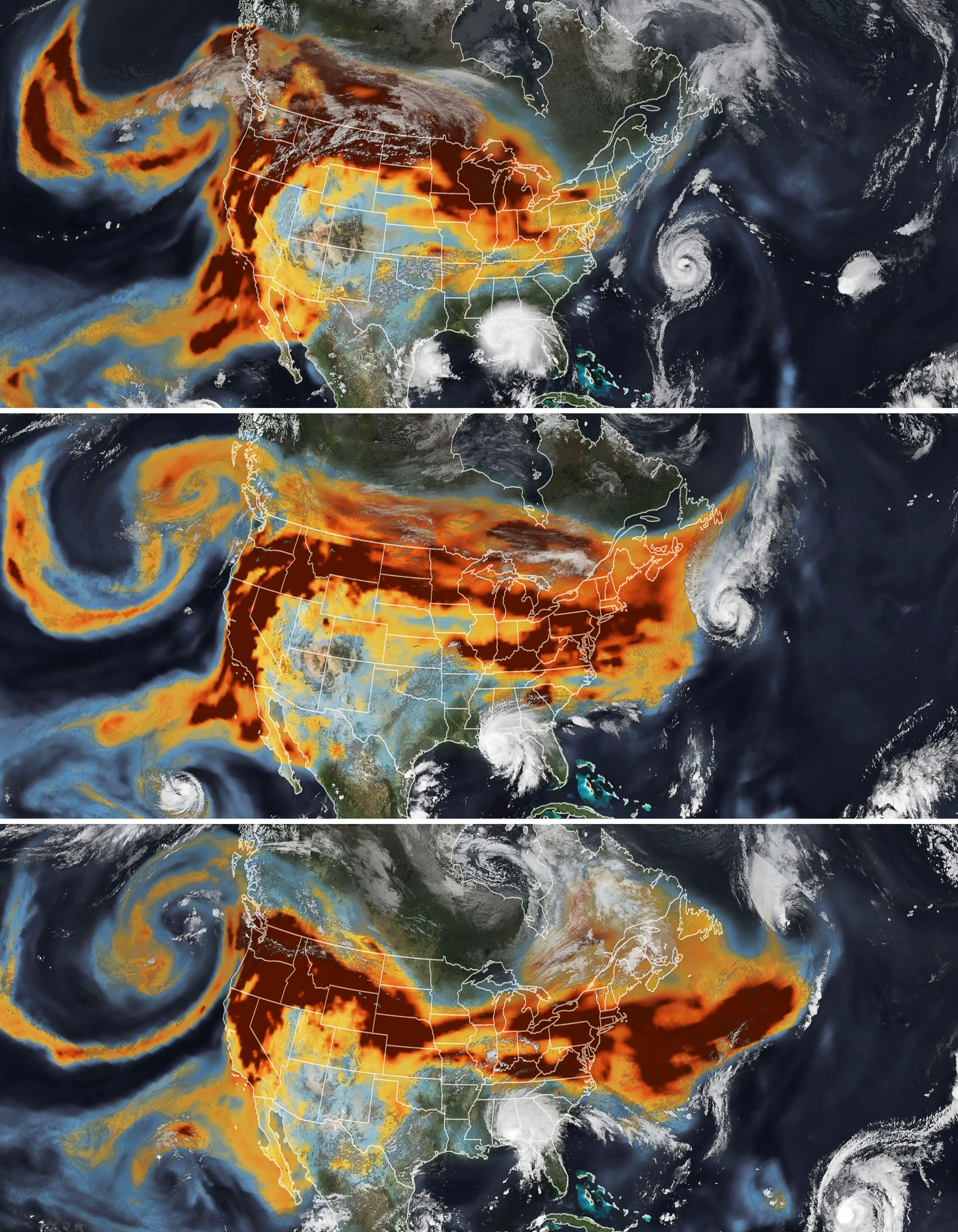 Trois cartes satellites des 14, 15 et 16 septembre montrent le panache de fumée gargantuesque des incendies de forêt de la côte ouest frôlant les ouragans sur la côte du golfe et la côte est.