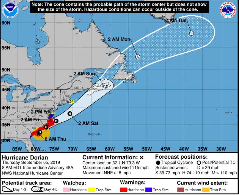 Trajectoire prévue de l'ouragan Dorian au 5 septembre 2019.
