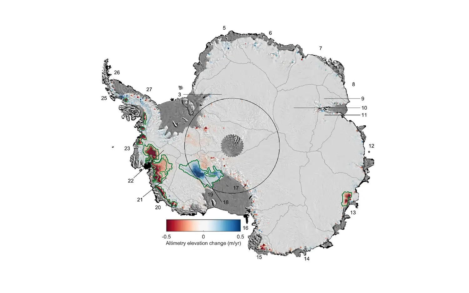 Cette carte montre les changements d'épaisseur de la calotte glaciaire de l'Antarctique de 1992 à 2017. 