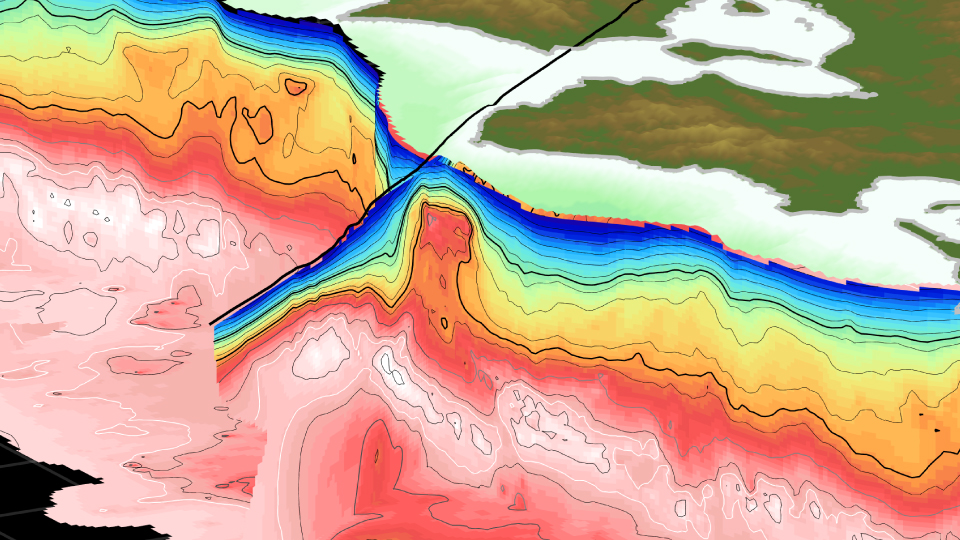 Le pluton de Kumano dans le sud du Japon apparaît sous la forme d'un renflement rouge (indiquant une roche dense) au centre de cette nouvelle visualisation 3D. Le morceau de roche de la taille d'une montagne est niché dans la croûte de la plaque continentale eurasienne, sous laquelle la plaque océanique des Philippines plonge vers le manteau terrestre.