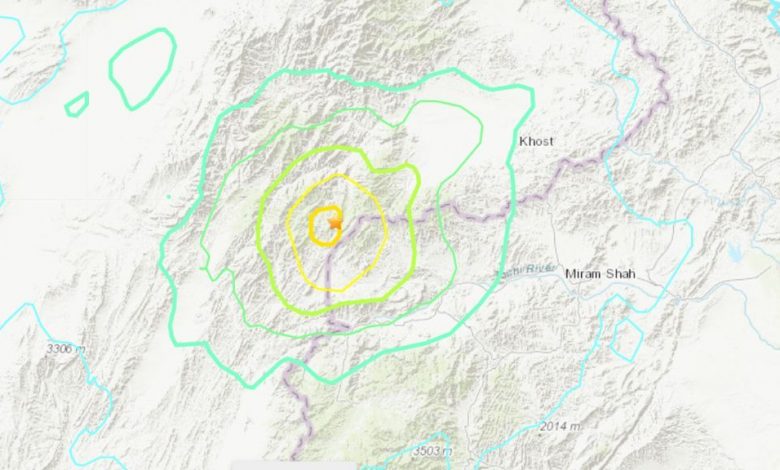 seismic data overlain over map of afghanistan showing epicenter and shock waves of recent earthquake