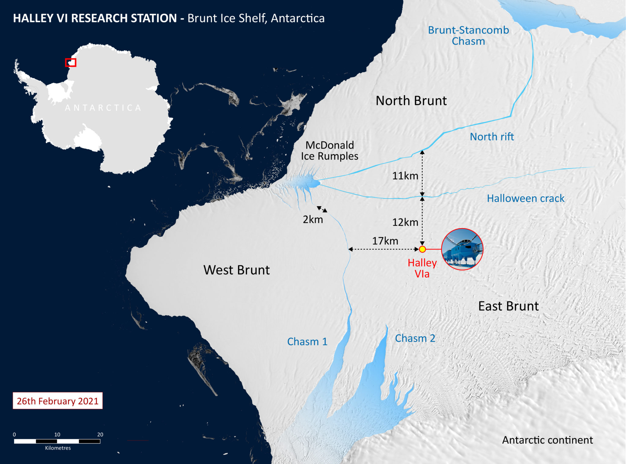 Une carte montre la station de recherche Halley VI par rapport à la crevasse nord.