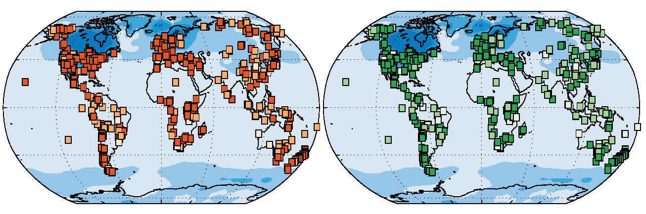 Cette carte montre comment la végétation a changé lorsque la planète s'est réchauffée après la dernière période glaciaire (il y a 21 000 à 14 000 ans). Ces changements se sont produits avant l'ère préindustrielle. Chaque carré représente un site unique dont les chercheurs ont examiné les fossiles. Les carrés oranges montrent des changements de composition, c'est-à-dire des changements d'espèces végétales et les carrés verts montrent des changements de structure, comme une toundra qui devient une forêt. Le fond bleu indique les changements de température. Les couleurs plus foncées dans les deux carrés et l'arrière-plan indiquent respectivement un changement plus important et une température plus élevée.