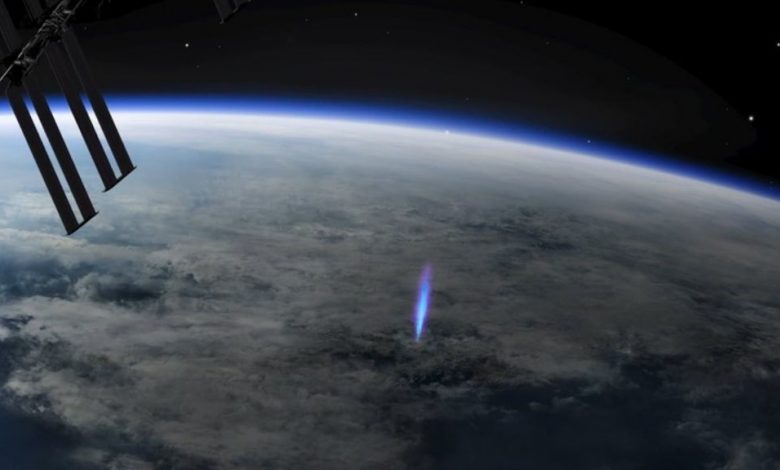An illustration of a blue jet observed from the ISS