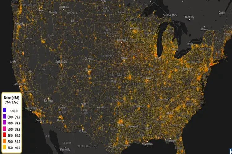 Carte montrant le bruit causé par les routes, les chemins de fer et l'aviation. Photo tirée de U.S. Dept. of Transportation, National Transportation Noise Map.