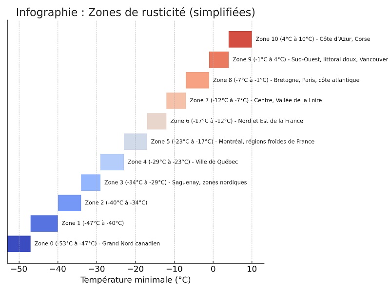 (Plus les barres sont longues, plus le climat est rigoureux. Vers le bas, les zones deviennent plus favorables aux plantes frileuses.)